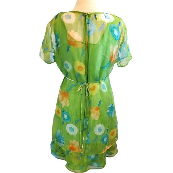 Vintage 90s Lime Green Chiffon‎ Watercolor Floral Dress Layered Sz M Medium - Picture 3 of 9